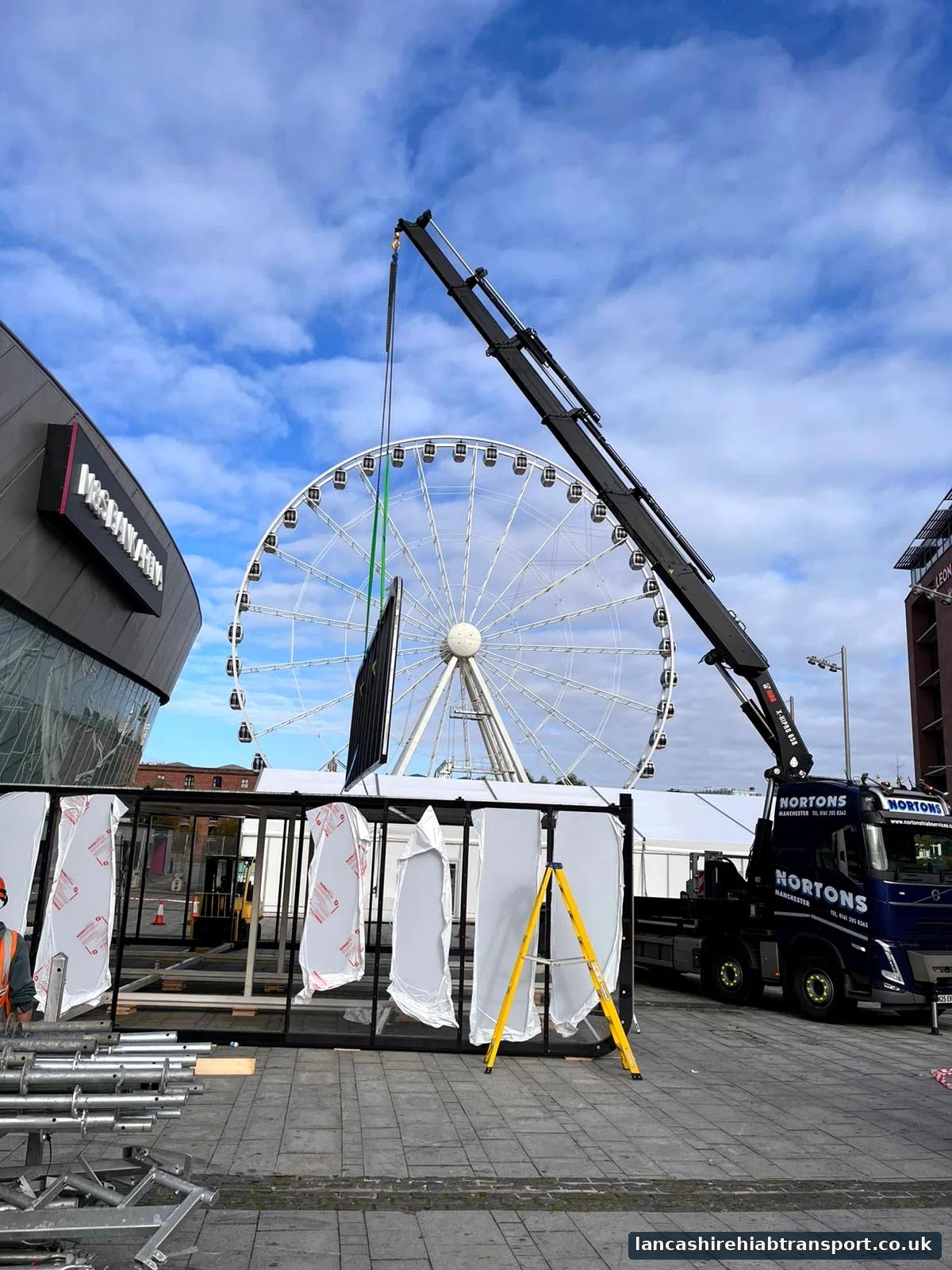 Long-reach Hiab crane working near Blackpool seafront
