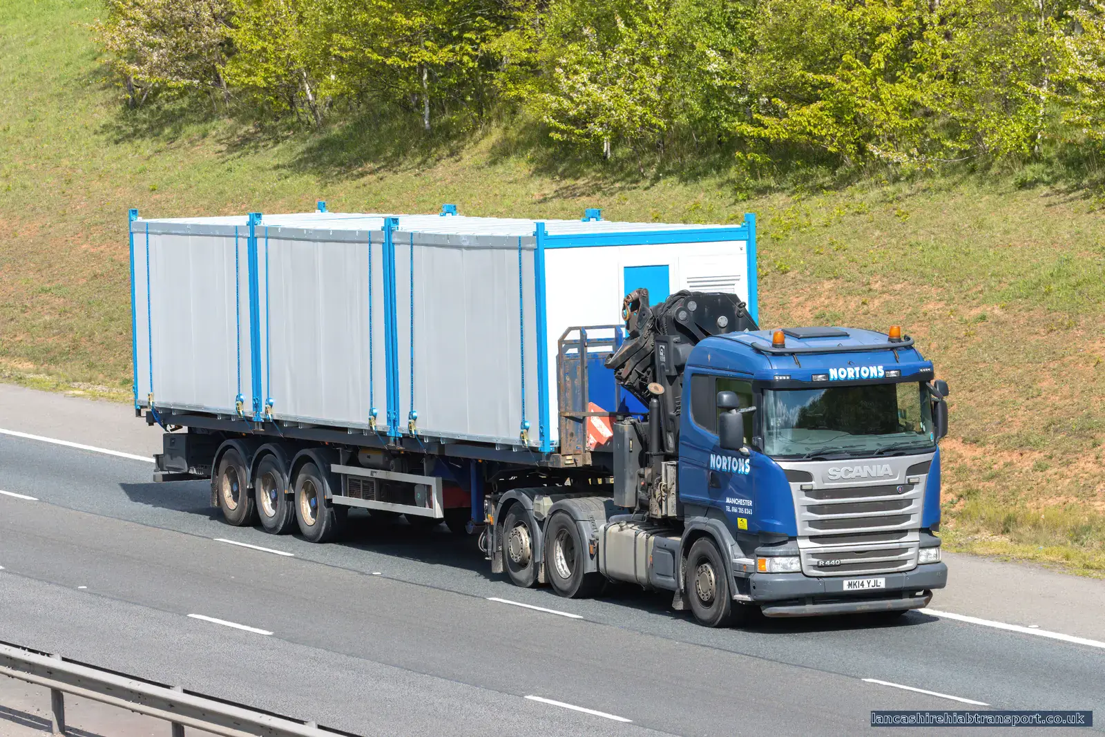 Lancashire Hiab Transport crane lorry carrying portable accommodation