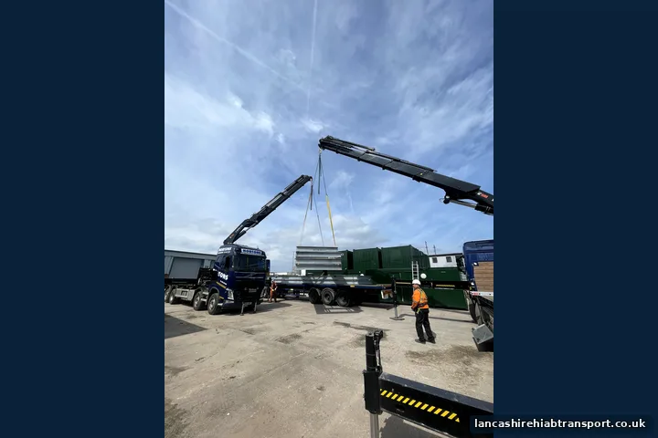 Crane-assisted Hiab transport lorry operating in Lancashire